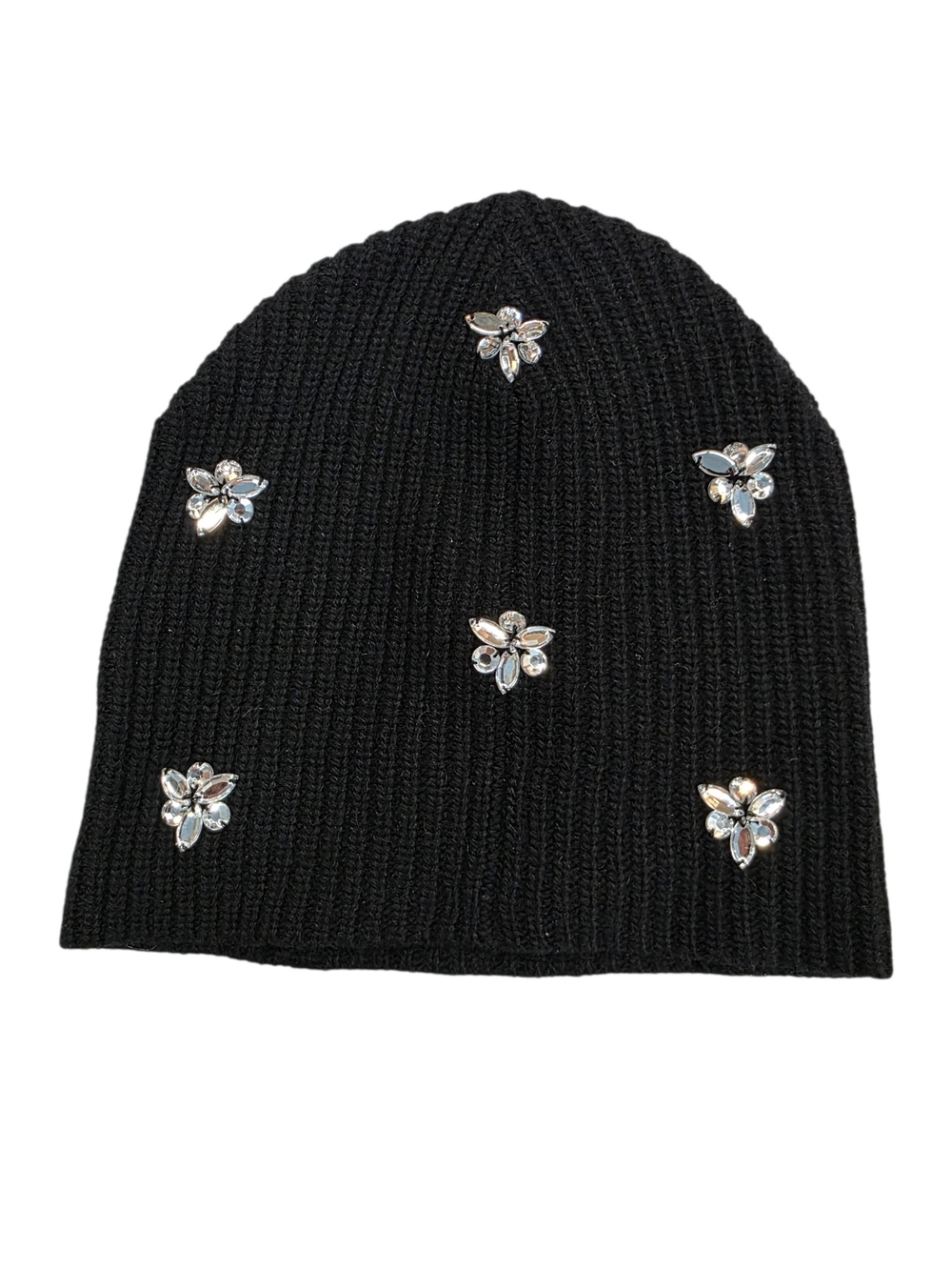 Simons wool cashmere blend Black Knit Beanie with Crystal Floral Accents